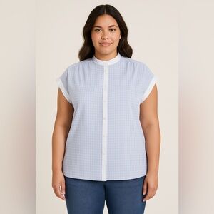 Vintage C&A Blue Checkered Blouse Mandarin Collar Short Sleeve ButtonDown Top 14